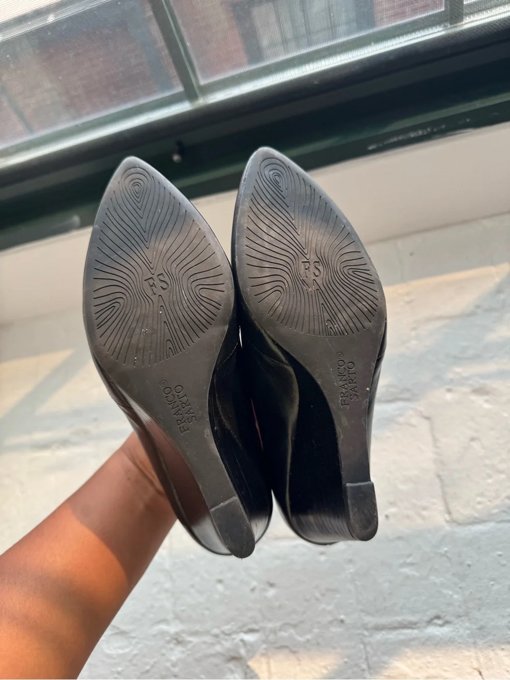 Franco Sarto ‘Frankie’ Black Leather Pointed-Toe Wedge Pumps